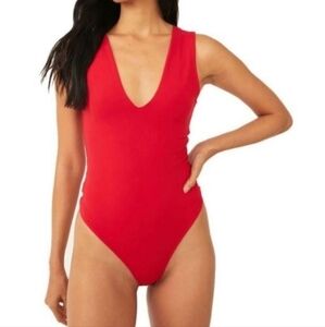Free People Red V-Neck Bodysuit